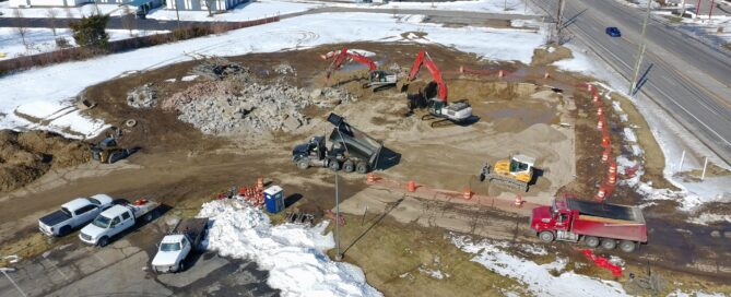 Cleared development site at 3500 Lafayette Road in Indianapolis, former location of Northwest Office Center, February 2026